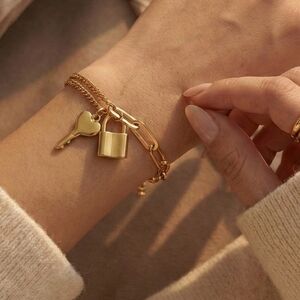 Minimalist Padlock Heart Key Bracelet 18K Gold Plated Stainless Steel